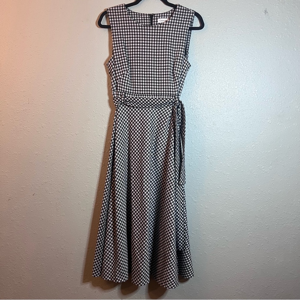 Calvin Klein Gingham Midi Dress 8 Black White Fit & Flare Belted